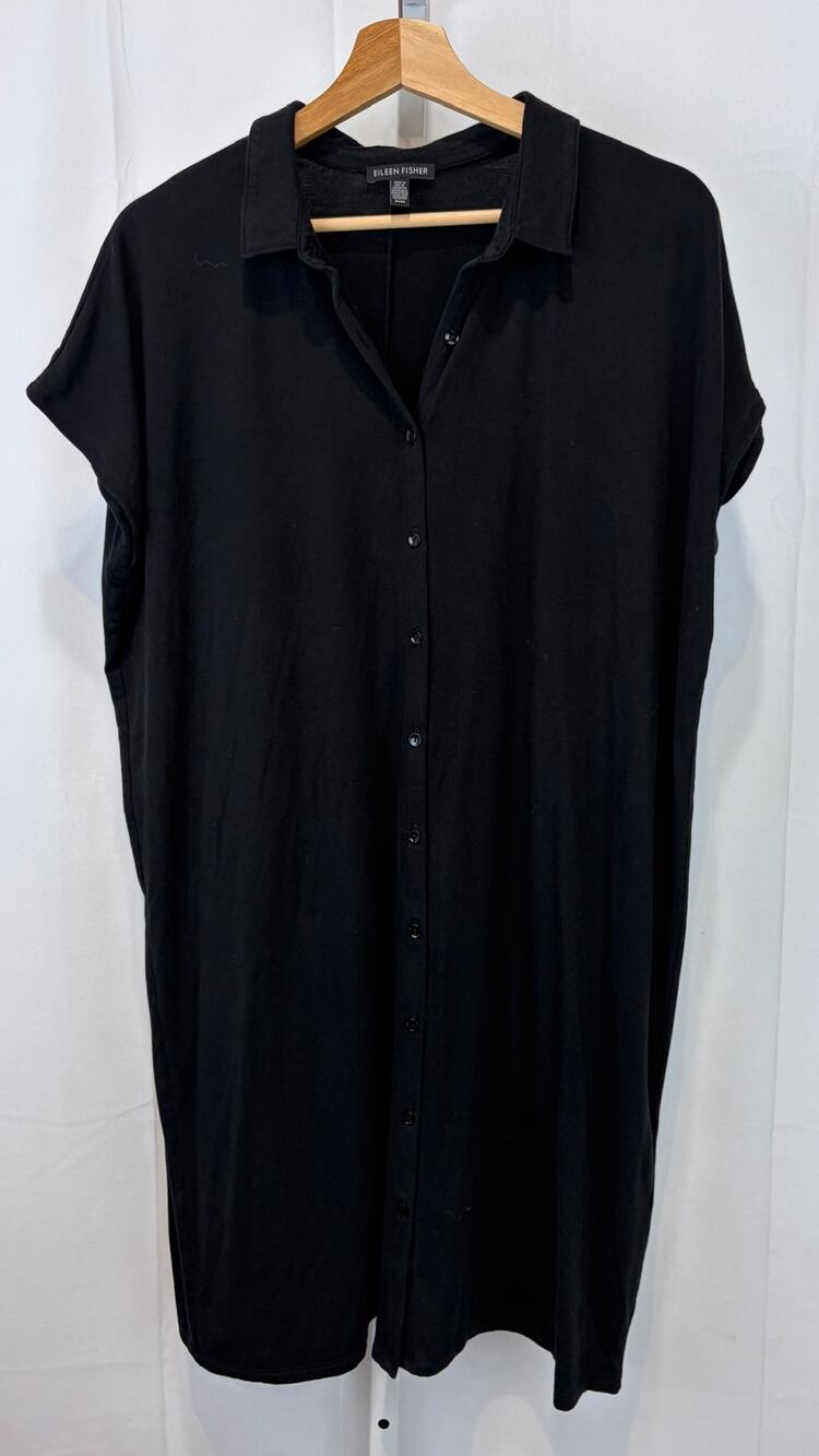 EILEEN FISHER Button Up Shirt Dress Fine Tencel Jersey Cap Sleeve Black Size M